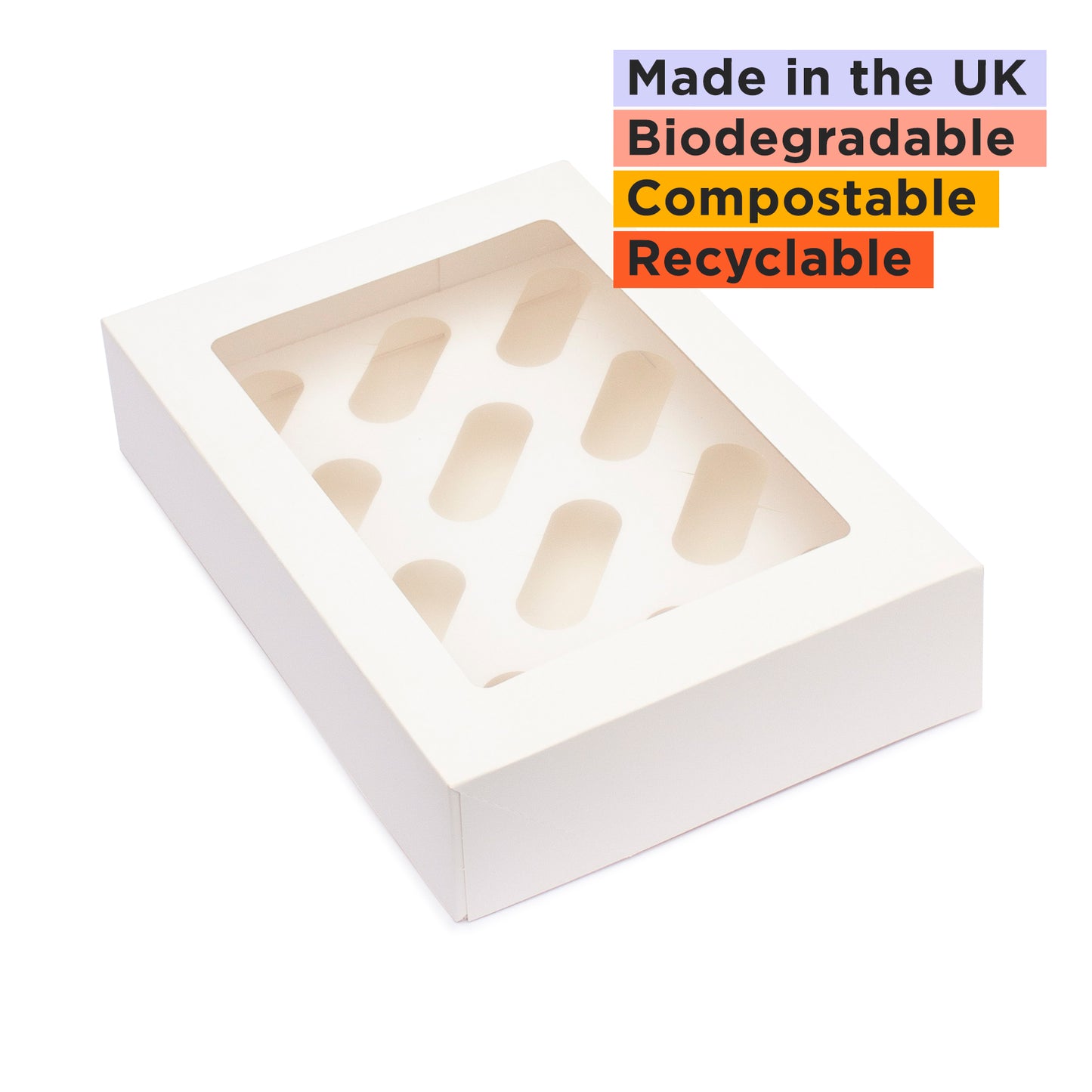 Cupcake boxes with inserts holds 12 cupcakes 330x242x75mm (Compostable PLA window)