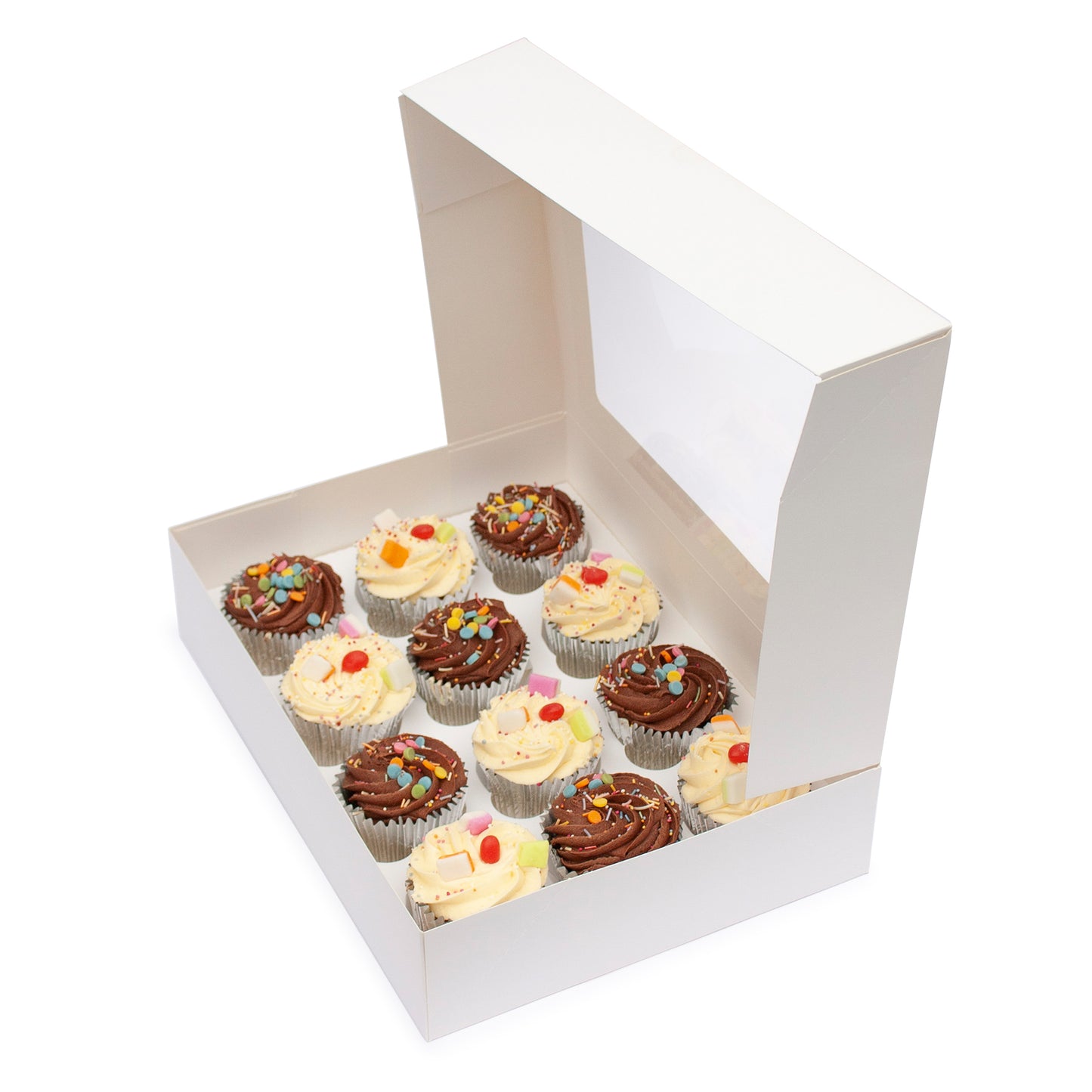 Cupcake boxes with inserts holds 12 cupcakes 330x242x75mm (Compostable PLA window)