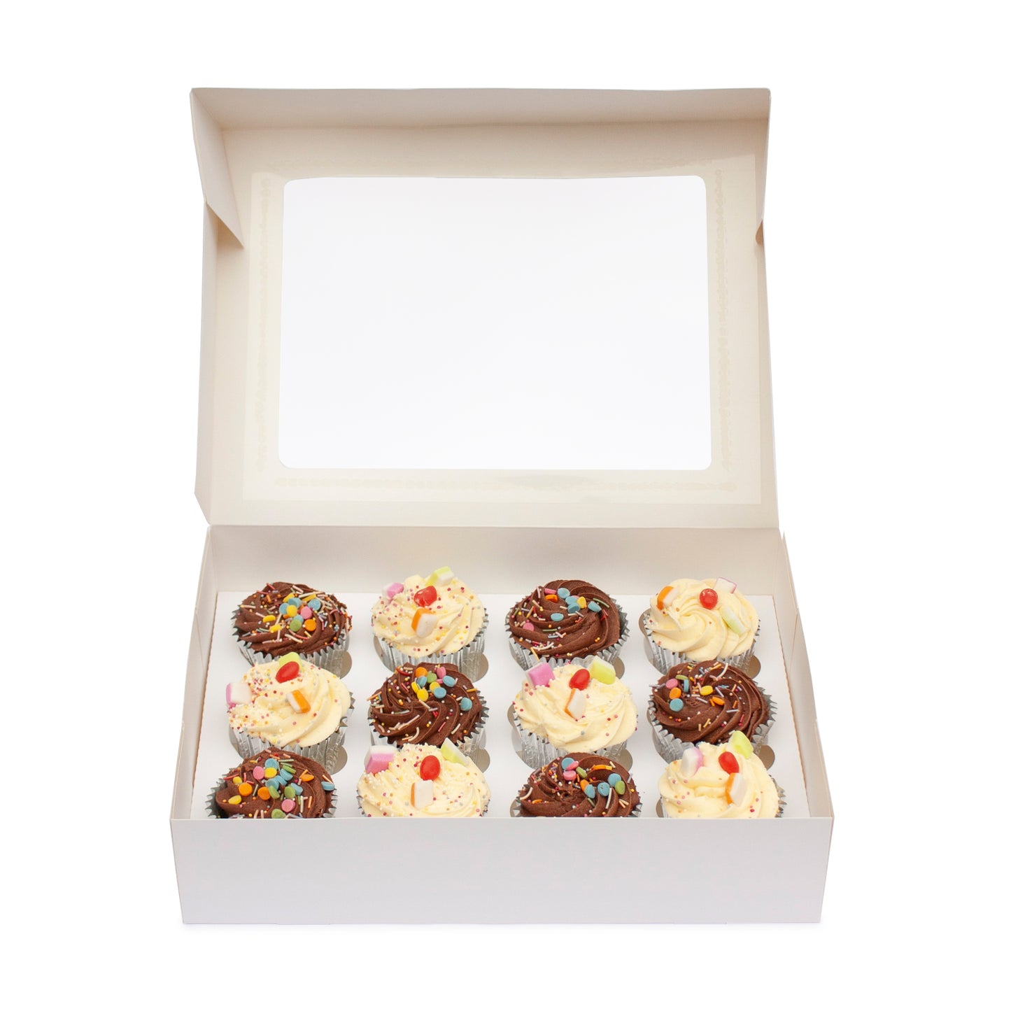 Cupcake boxes with inserts holds 12 cupcakes 330x242x75mm (Compostable PLA window)