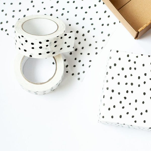 Decorative Paper Tape, Polkadot Packaging Black Polka Dot, 50 metres length, 48mm width