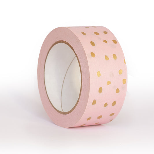 Paper Packing Tape, Pink Printed Gold Polkadot Decorative Recycled Paper Tapes, Printed gold polka dot, 50 metres length, 48mm width