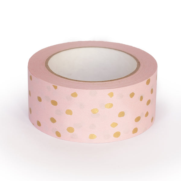 Paper Packing Tape, Pink Printed Gold Polkadot Decorative Recycled Paper Tapes, Printed gold polka dot, 50 metres length, 48mm width