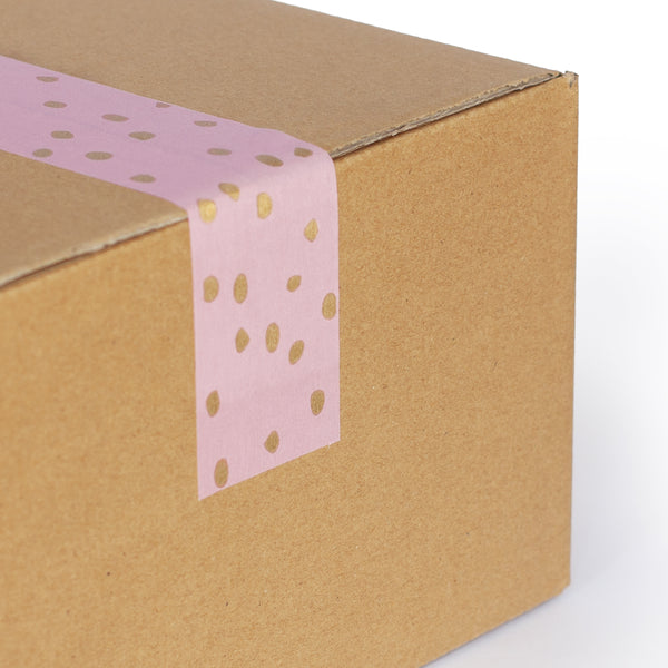 Paper Packing Tape, Pink Printed Gold Polkadot Decorative Recycled Paper Tapes, Printed gold polka dot, 50 metres length, 48mm width