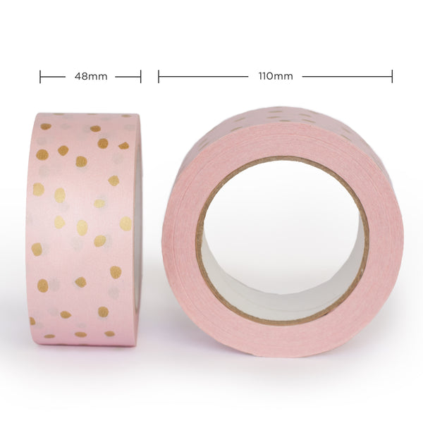 Paper Packing Tape, Pink Printed Gold Polkadot Decorative Recycled Paper Tapes, Printed gold polka dot, 50 metres length, 48mm width