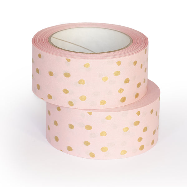 Paper Packing Tape, Pink Printed Gold Polkadot Decorative Recycled Paper Tapes, Printed gold polka dot, 50 metres length, 48mm width