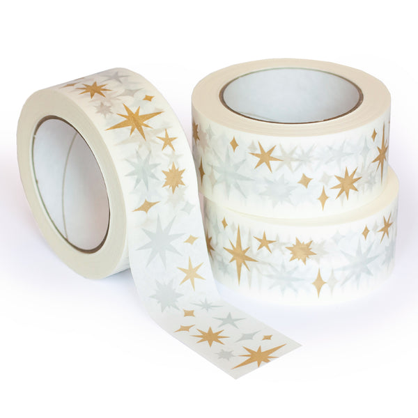 Christmas Decorative Paper Parcel Tape Star Print, 50m x 48mm. Recycled paper packing tape