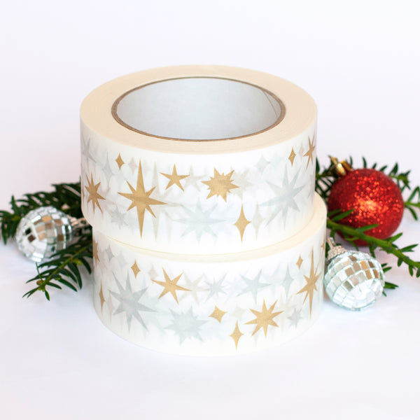 Christmas Decorative Paper Parcel Tape Star Print, 50m x 48mm. Recycled paper packing tape